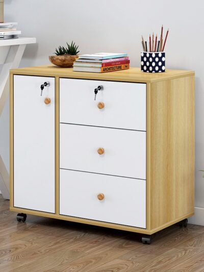 Wooden office file cabinet mobile floor low storage data activity lock drawer