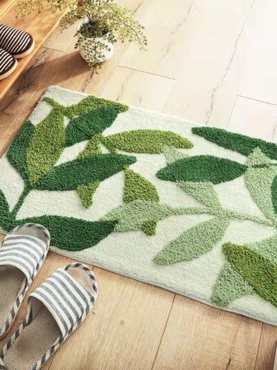 Green Leaves Flocking Bath Mat Non-slip Absorbent Microfiber