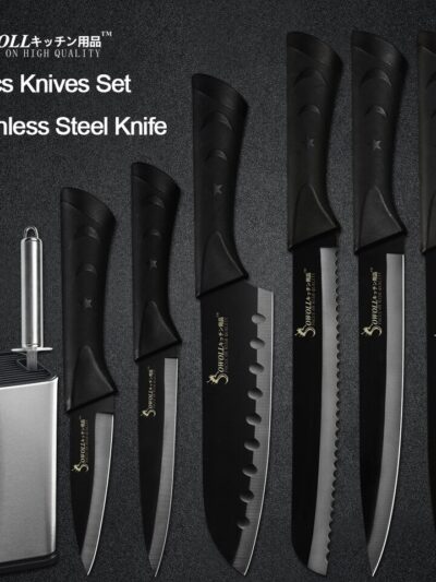 Sowoll 8'' Knife Holder Stainless Steel 8pcs Kitchen Cooking Knife Set Chef Slicing Bread Santoku Utility Paring Knife Sharpener