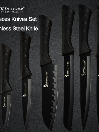 Sowoll Stainless Steel Kitchen Knives 6 Piece Set Sharp Black Blade ABS+TPR Handle Knife Meat Fish Fruit Cooking Accessories