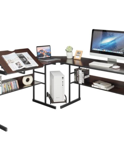 Costway L-Shaped Computer Desk Drafting Table Workstation w/ Tiltable Tabletop