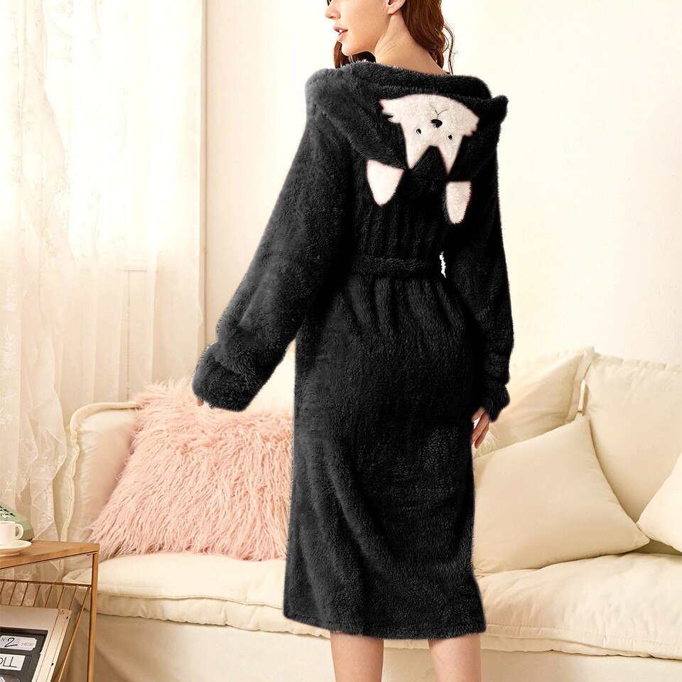 Thicken Fuzzy Robes Bathrobe Long Women Cute Ear Warm Hooded Robe Rabbit Flannel Kimono Bath Robe Dressing Gown Velvet Sleepwear - Image 3