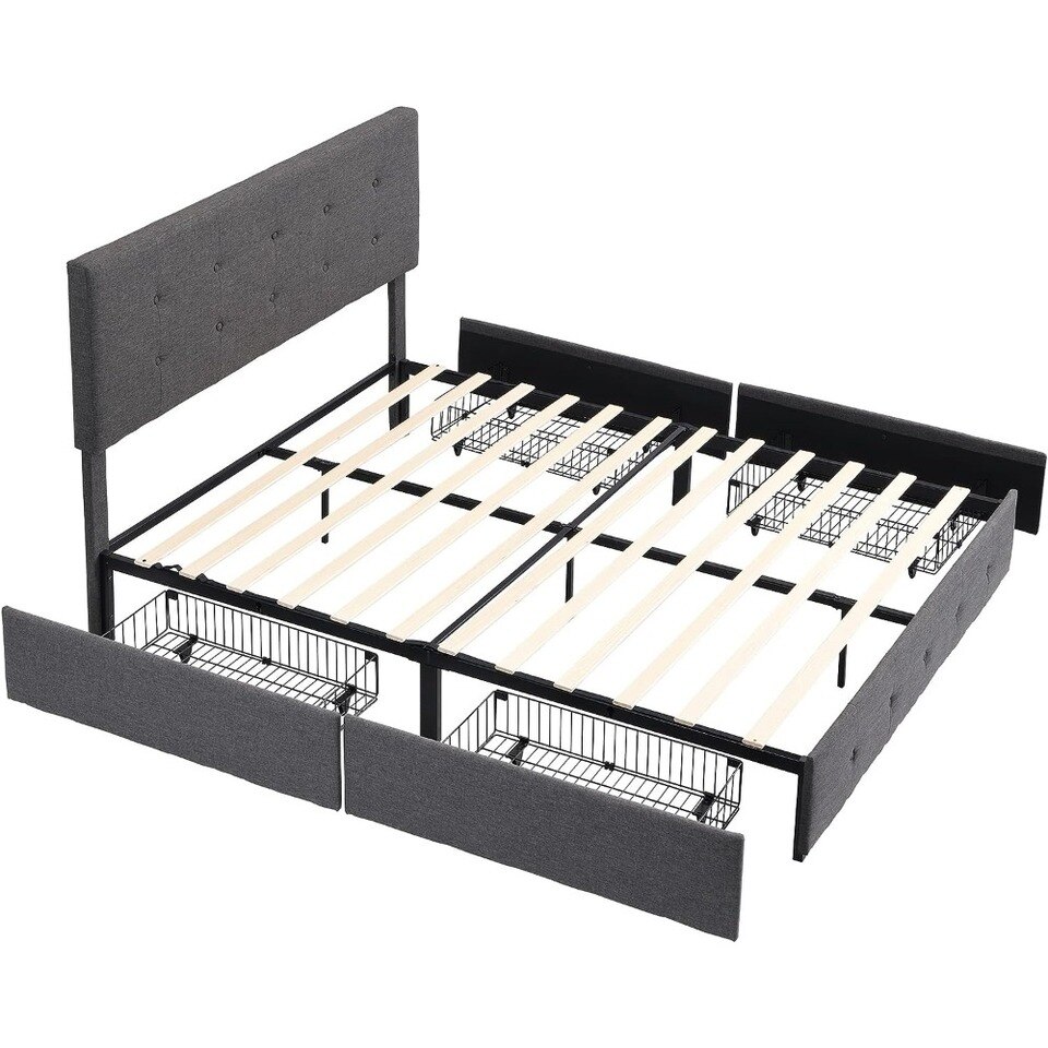 Upholstered Bed Frame Full Size with 4 Storage Drawers and Button Tufted Headboard, - Image 4