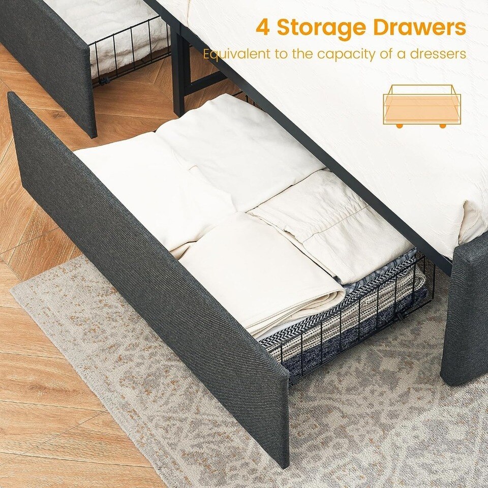 Upholstered Bed Frame Full Size with 4 Storage Drawers and Headboard, Adjustable Upholstered Headboar - Image 6