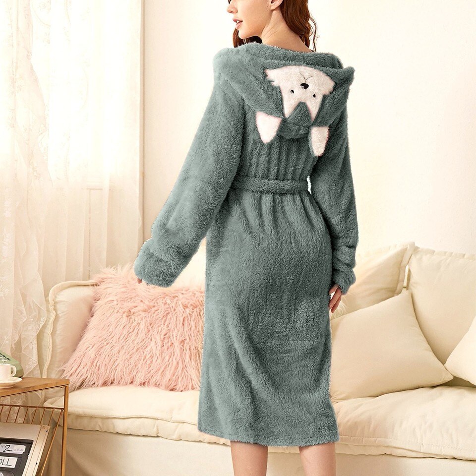 Thicken Fuzzy Robes Bathrobe Long Women Cute Ear Warm Hooded Robe Rabbit Flannel Kimono Bath Robe Dressing Gown Velvet Sleepwear - Image 18
