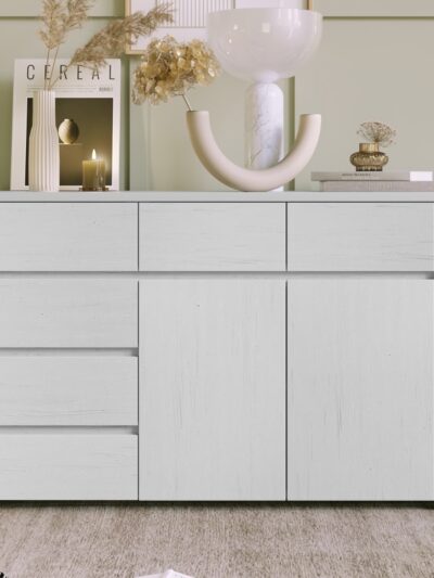Off White Simple Style Manufacture Wood Dresser with Gray Wood Grain Sticker Surfaces Six Drawers and Two Level Cabinet