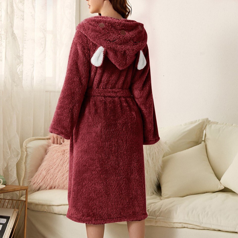 Women Robes Sleepwear Cute 3D Ear Hooded Flannel Bathrobe Soft And Warm Double Faced Velvet - Image 2