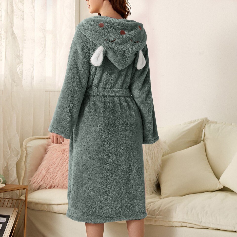 Women Robes Sleepwear Cute 3D Ear Hooded Flannel Bathrobe Soft And Warm Double Faced Velvet - Image 11