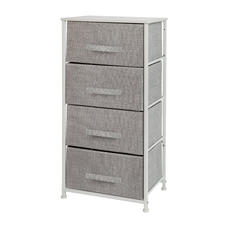 4 Drawer Wood Top White Cast Iron Frame Vertical Storage Dresser with Light Grey Easy Pull Fabric Drawers - Image 4