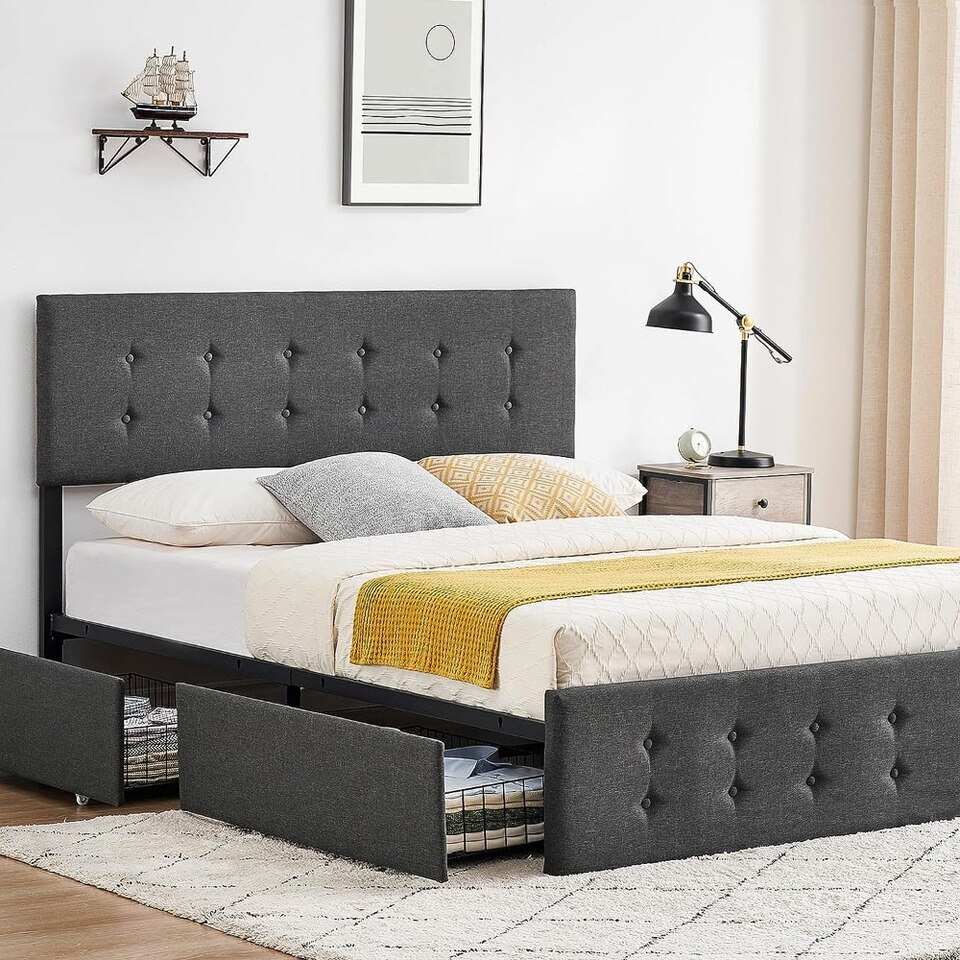 Upholstered Bed Frame Full Size with 4 Storage Drawers and Headboard, Adjustable Upholstered Headboar - Image 3