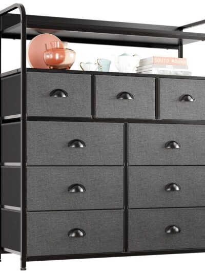 EnHomee Rustic Dressers for Bedroom 9 Drawer for Clothes Metal Frame Free Standing Home Furniture Fabric Dresser with Wood Top