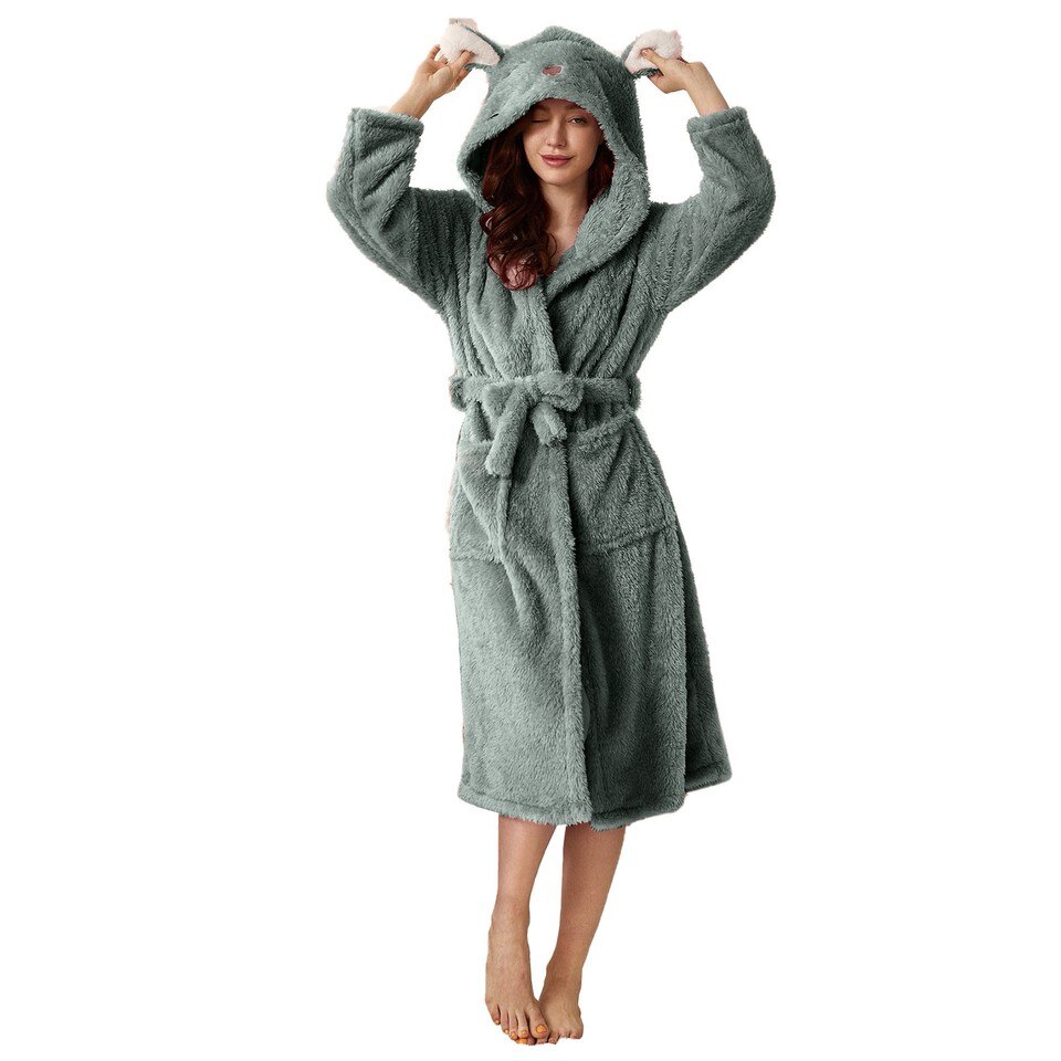 Thicken Fuzzy Robes Bathrobe Long Women Cute Ear Warm Hooded Robe Rabbit Flannel Kimono Bath Robe Dressing Gown Velvet Sleepwear - Image 17