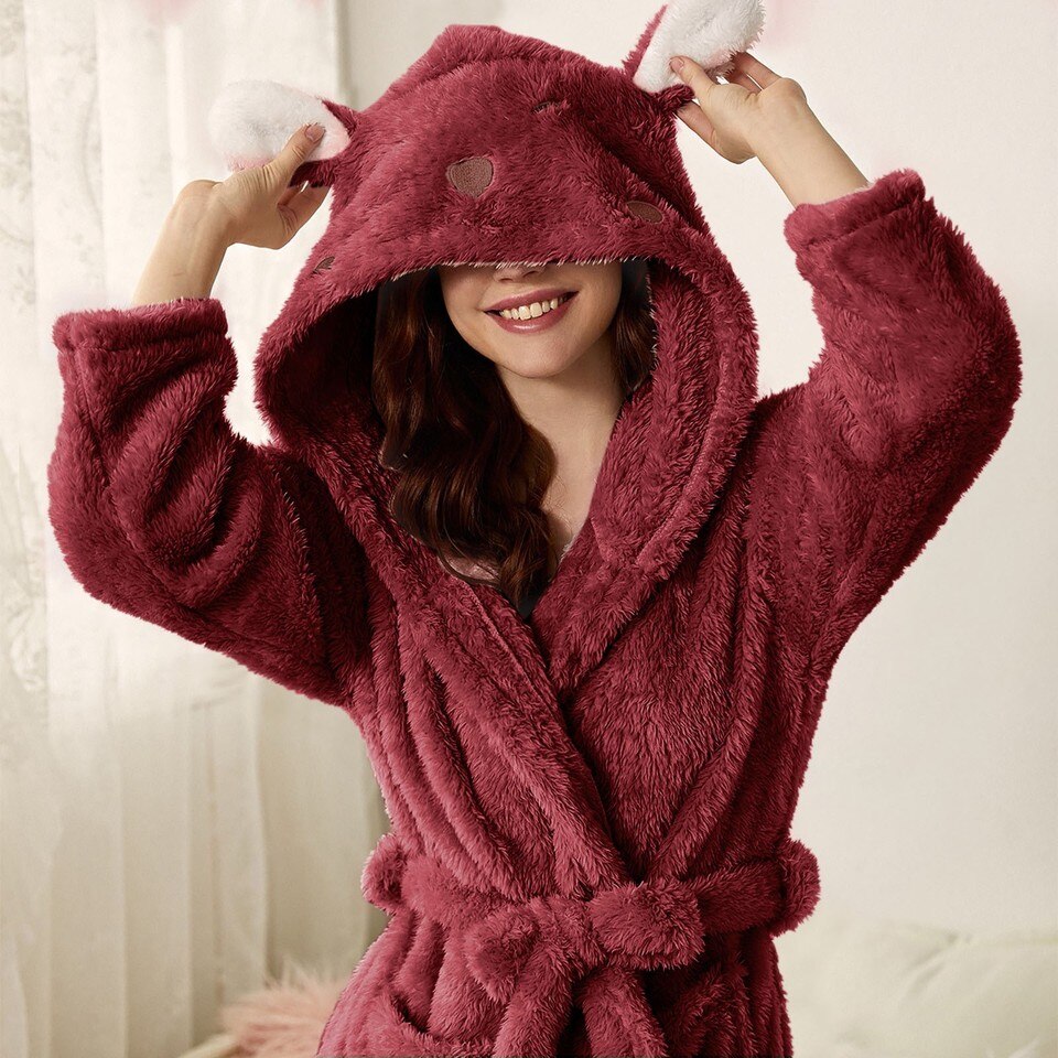 Women Robes Sleepwear Cute 3D Ear Hooded Flannel Bathrobe Soft And Warm Double Faced Velvet - Image 12