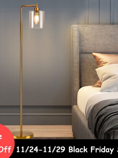 Depuley Nordic Vertical Metal LED Floor Lamp Glass Shade Brass Pole Arc Tall Lighting for Living Bedroom