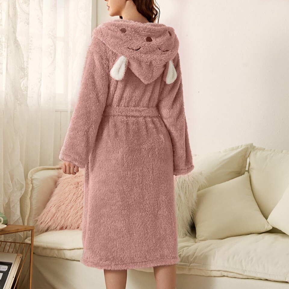 Thicken Fuzzy Robes Bathrobe Long Women Cute Ear Warm Hooded Robe Rabbit Flannel Kimono Bath Robe Dressing Gown Velvet Sleepwear - Image 6