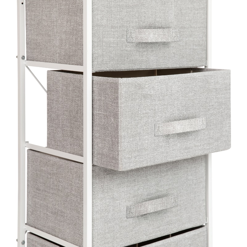 4 Drawer Wood Top White Cast Iron Frame Vertical Storage Dresser with Light Grey Easy Pull Fabric Drawers - Image 3