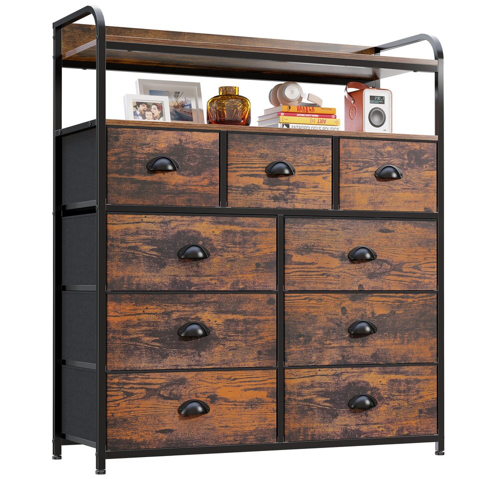 EnHomee Rustic Dressers for Bedroom 9 Drawer for Clothes Metal Frame Free Standing Home Furniture Fabric Dresser with Wood Top - Image 4
