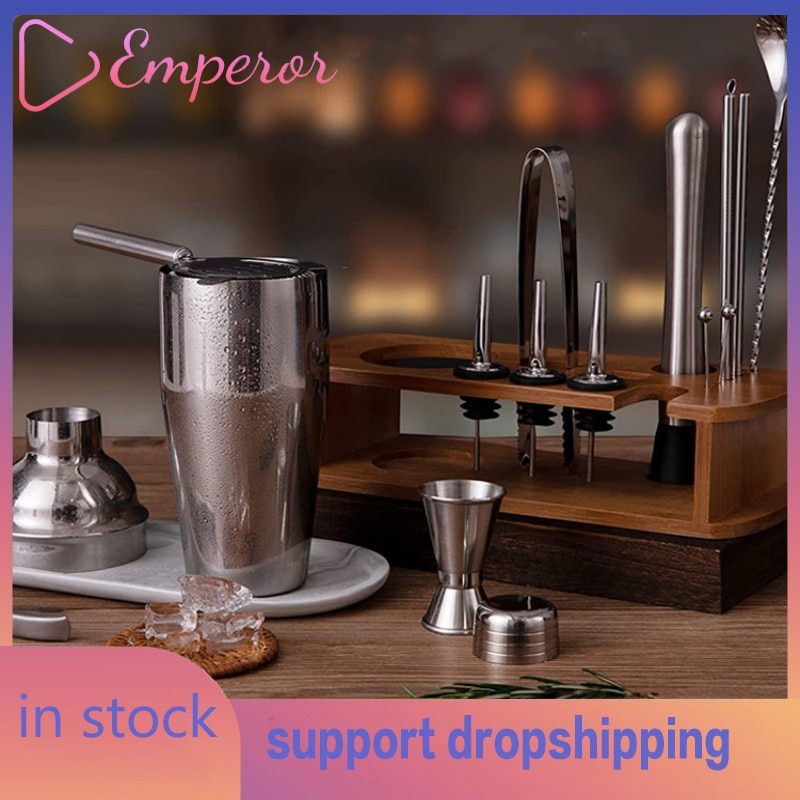 Stainless Steel Cocktail Shaker Set Mixer Strainer Ice Tongs Mixing Spoon Jigger Pourer Muddler Corkscrew