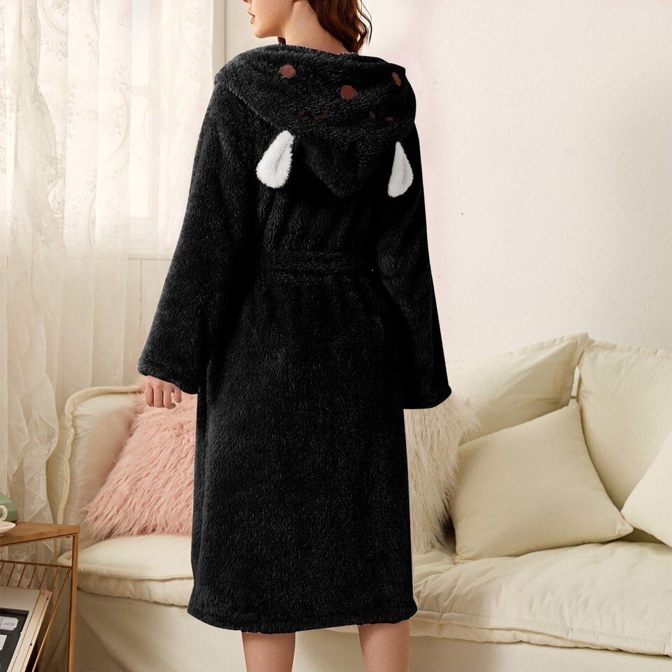 Women Robes Sleepwear Cute 3D Ear Hooded Flannel Bathrobe Soft And Warm Double Faced Velvet - Image 9