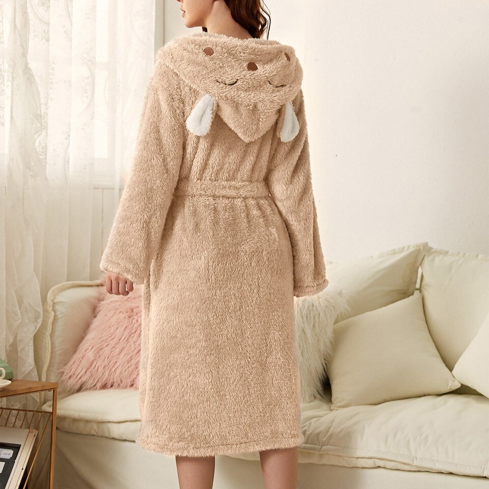 Thicken Fuzzy Robes Bathrobe Long Women Cute Ear Warm Hooded Robe Rabbit Flannel Kimono Bath Robe Dressing Gown Velvet Sleepwear - Image 20