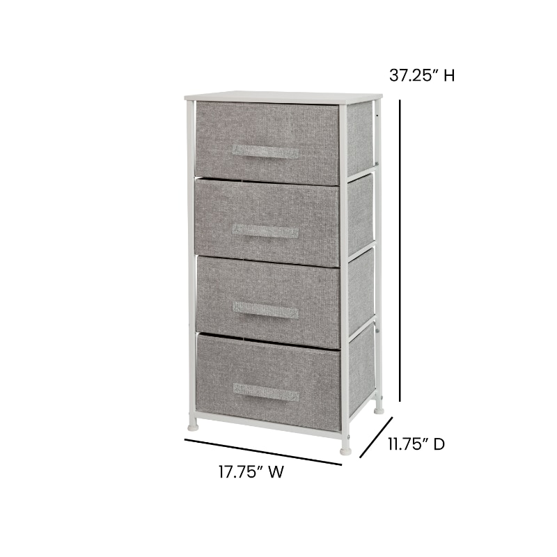 4 Drawer Wood Top White Cast Iron Frame Vertical Storage Dresser with Light Grey Easy Pull Fabric Drawers - Image 2