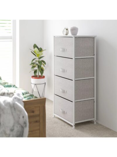 4 Drawer Wood Top White Cast Iron Frame Vertical Storage Dresser with Light Grey Easy Pull Fabric Drawers
