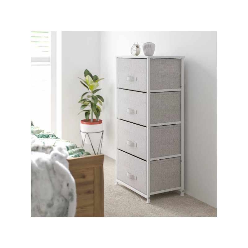 4 Drawer Wood Top White Cast Iron Frame Vertical Storage Dresser with Light Grey Easy Pull Fabric Drawers