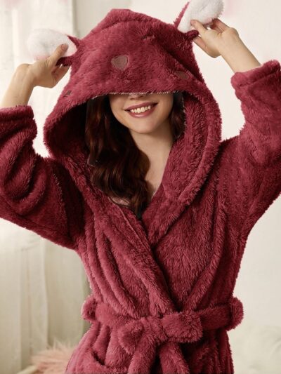 Thicken Fuzzy Robes Bathrobe Long Women Cute Ear Warm Hooded Robe Rabbit Flannel Kimono Bath Robe Dressing Gown Velvet Sleepwear
