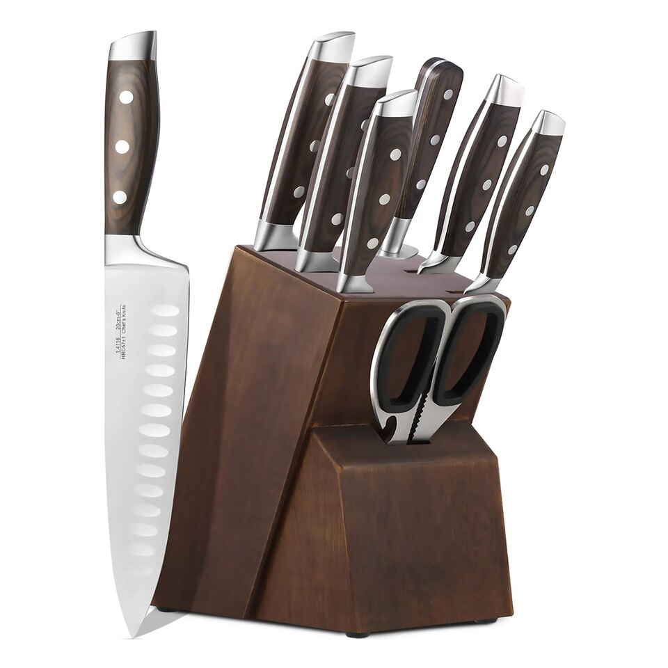 7pcs/8pcs Set Wood Handle Kitchen Knives Kitchen Cutting Tool Block Set With Sharpener 1.4116 Stainless Steel Blade Scissors