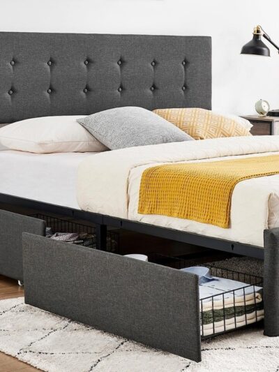 Upholstered Bed Frame Full Size with 4 Storage Drawers and Headboard, Adjustable Upholstered Headboar