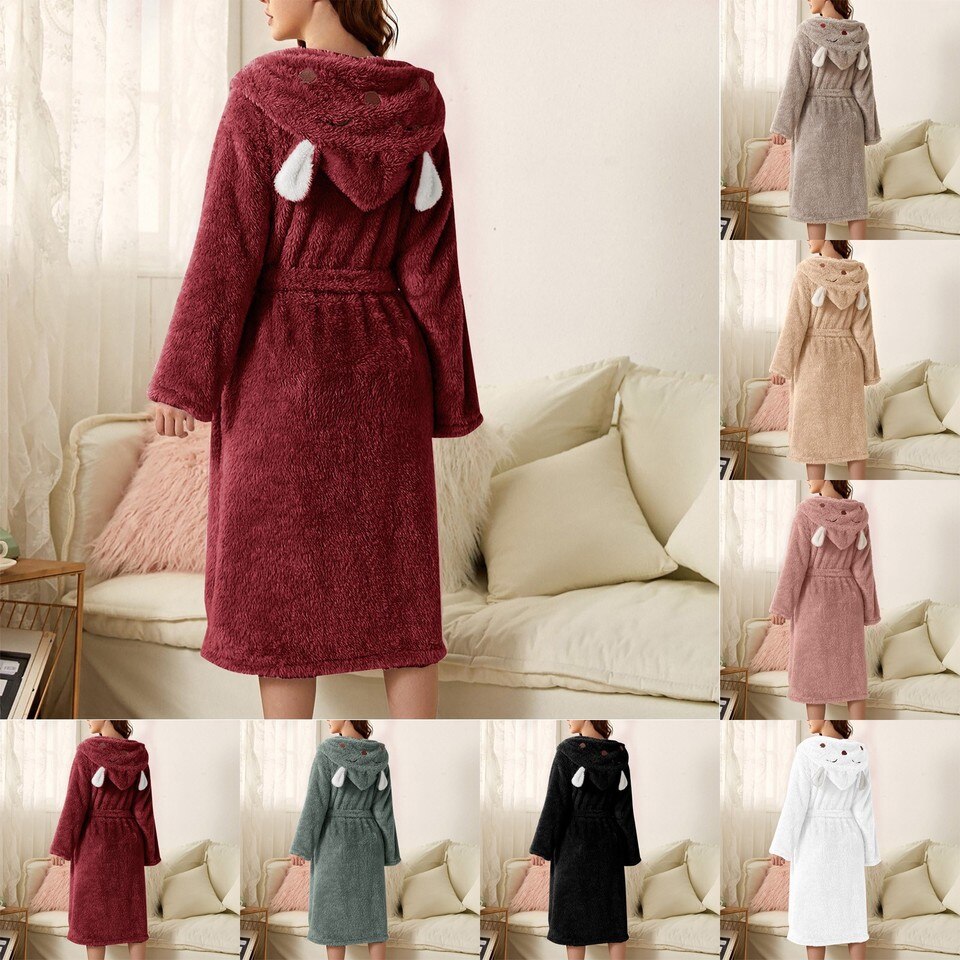 Thicken Fuzzy Robes Bathrobe Long Women Cute Ear Warm Hooded Robe Rabbit Flannel Kimono Bath Robe Dressing Gown Velvet Sleepwear - Image 2