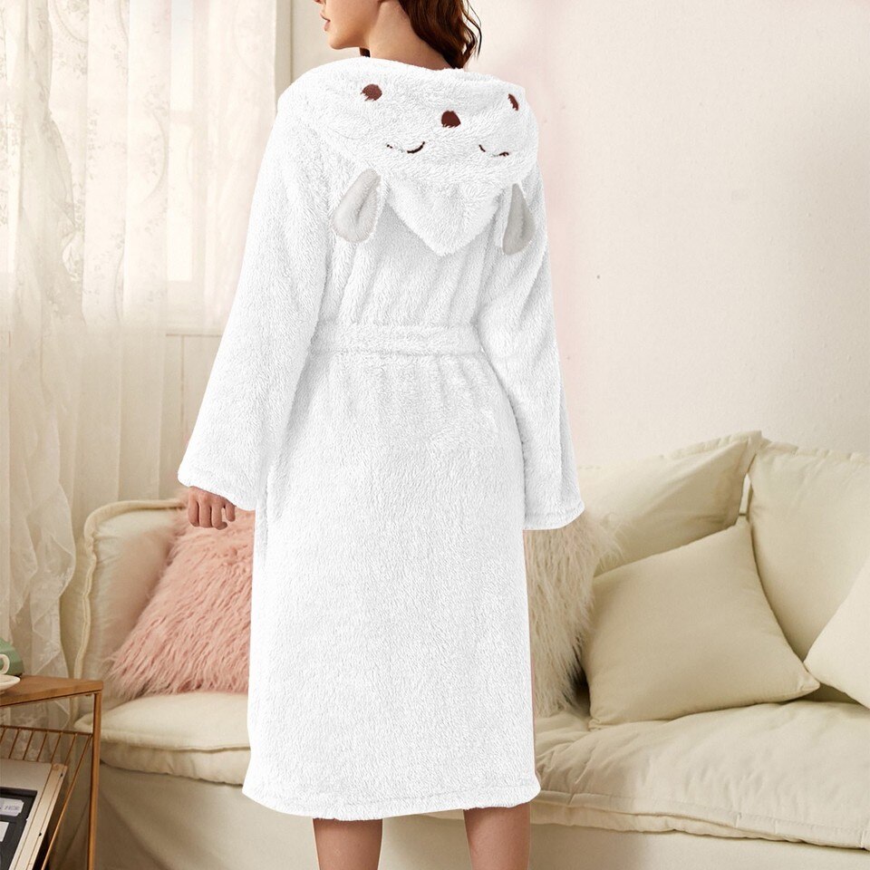 Thicken Fuzzy Robes Bathrobe Long Women Cute Ear Warm Hooded Robe Rabbit Flannel Kimono Bath Robe Dressing Gown Velvet Sleepwear - Image 5