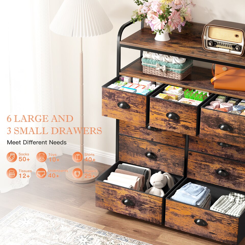 EnHomee Rustic Dressers for Bedroom 9 Drawer for Clothes Metal Frame Free Standing Home Furniture Fabric Dresser with Wood Top - Image 2