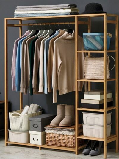 Bamboo Wood Clothing Garment Rack with Shelves Clothes Hanging Rack Stand for Child Kids Adults Cloth Shoe Coat Storage Organize