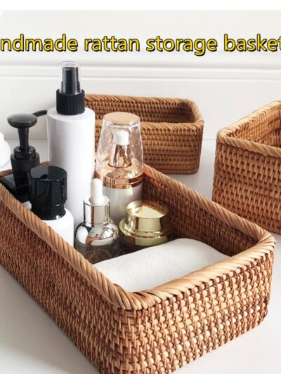 Hand-woven Rattan Wicker Basket Fruit Tea Snack Bread  Cosmetic Rectangular Storage Box Household Kitchen Supplies