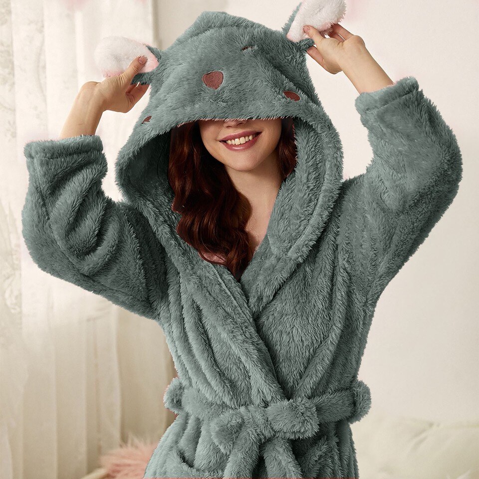 Women Robes Sleepwear Cute 3D Ear Hooded Flannel Bathrobe Soft And Warm Double Faced Velvet - Image 8