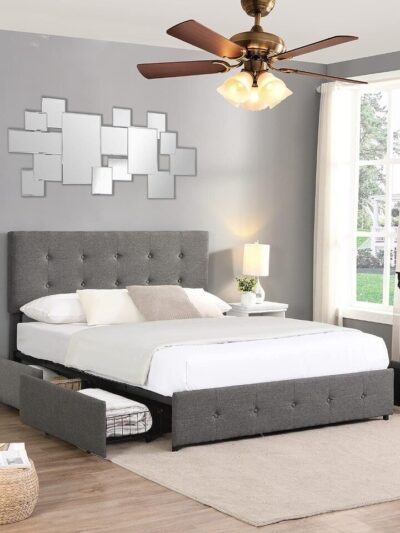 Upholstered Bed Frame Full Size with 4 Storage Drawers and Button Tufted Headboard,