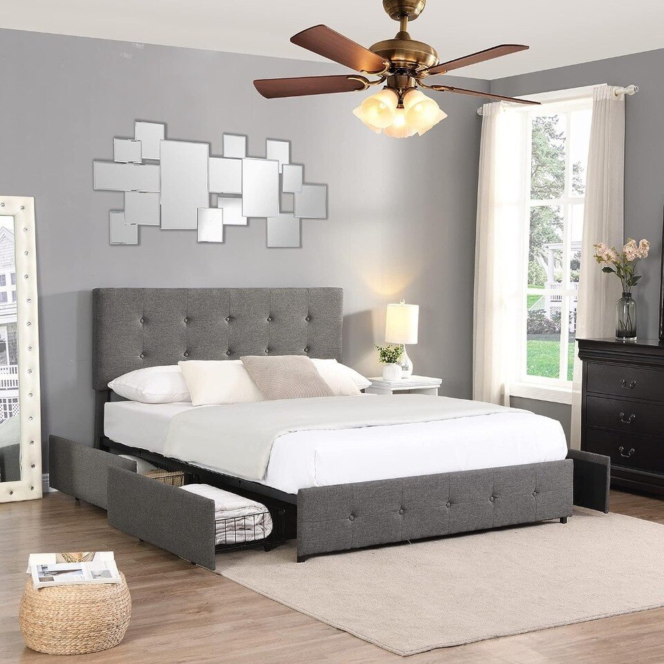 Upholstered Bed Frame Full Size with 4 Storage Drawers and Button Tufted Headboard,