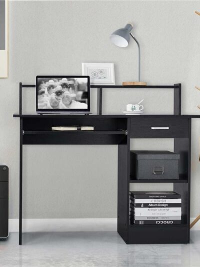 Wooden Home Office Computer Desk with Drawers and Keyboard Tray, Black