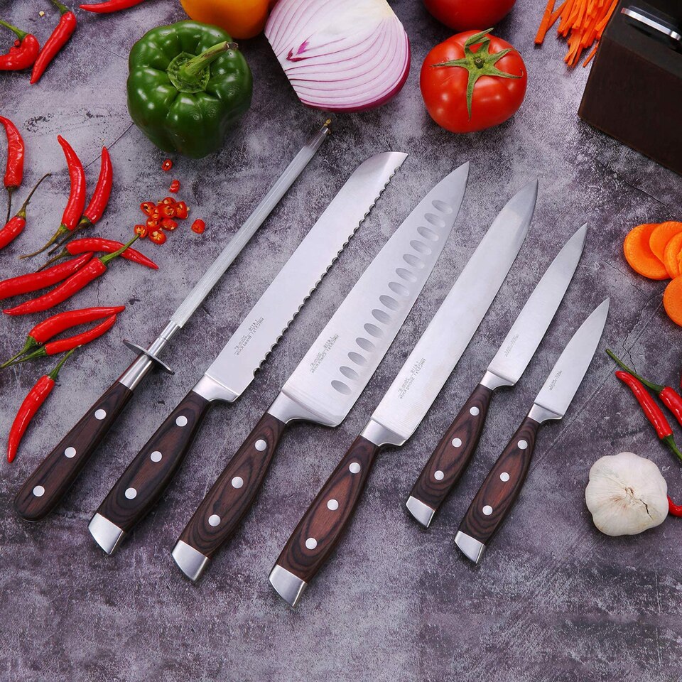7pcs/8pcs Set Wood Handle Kitchen Knives Kitchen Cutting Tool Block Set With Sharpener 1.4116 Stainless Steel Blade Scissors - Image 4